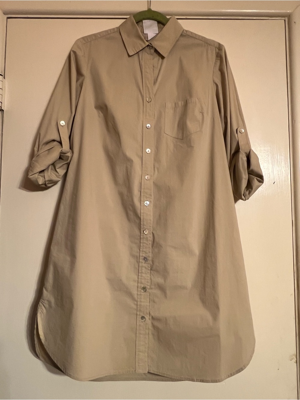 FINLEY Shirt Dress Effortless Weathercloth Casual Roll-Tab Sleeve Tan Small USA